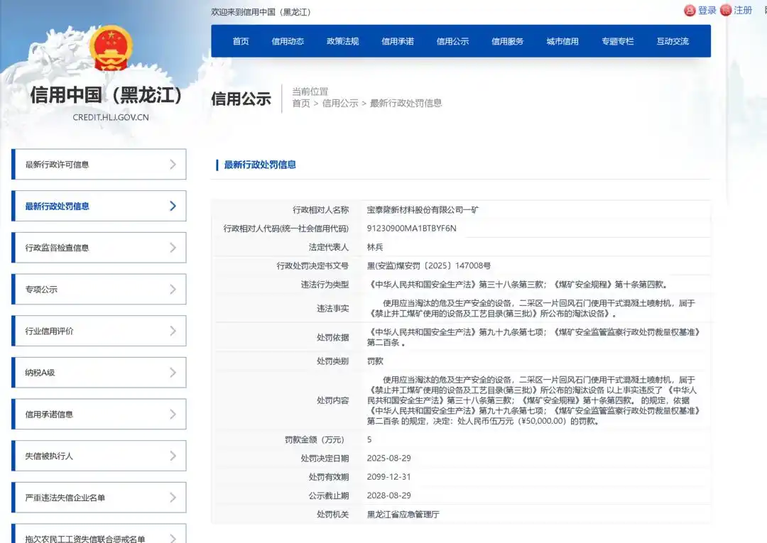 宝泰隆一矿因安全问题被行政处罚